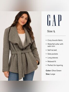 Gap Belted Wool Blend Wrap taupe Jacket Cardigan Size L minimalist Cottagecore